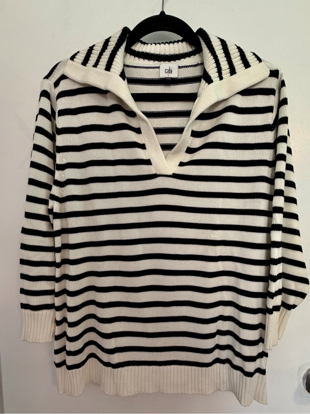 CAbi Cream & Black Striped V-Neck Polo Sweater